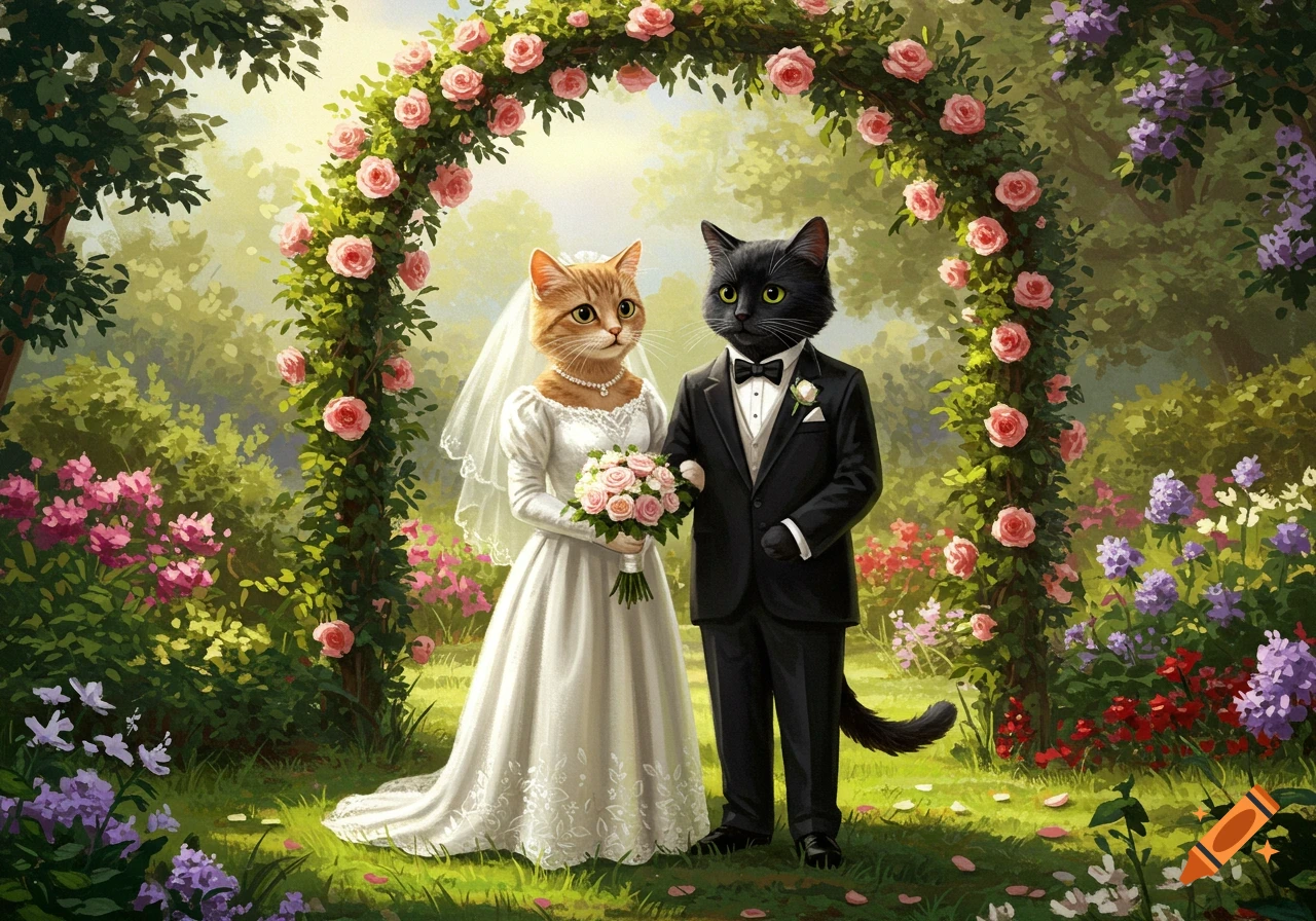 A ginger cat in a wedding dress and a black cat in a tuxedo stand under a rose arch in a lush garden, illustration.