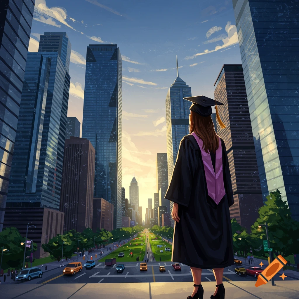A college graduate in a black gown and cap stands with her back to the viewer, looking at a vast city skyline at sunset.