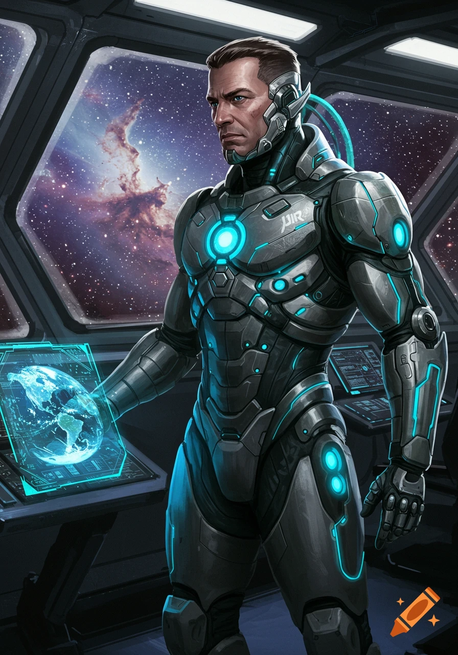 A stoic space marine in futuristic armor, holding a glowing holographic globe, stands inside a spaceship bridge with a view of a nebula.