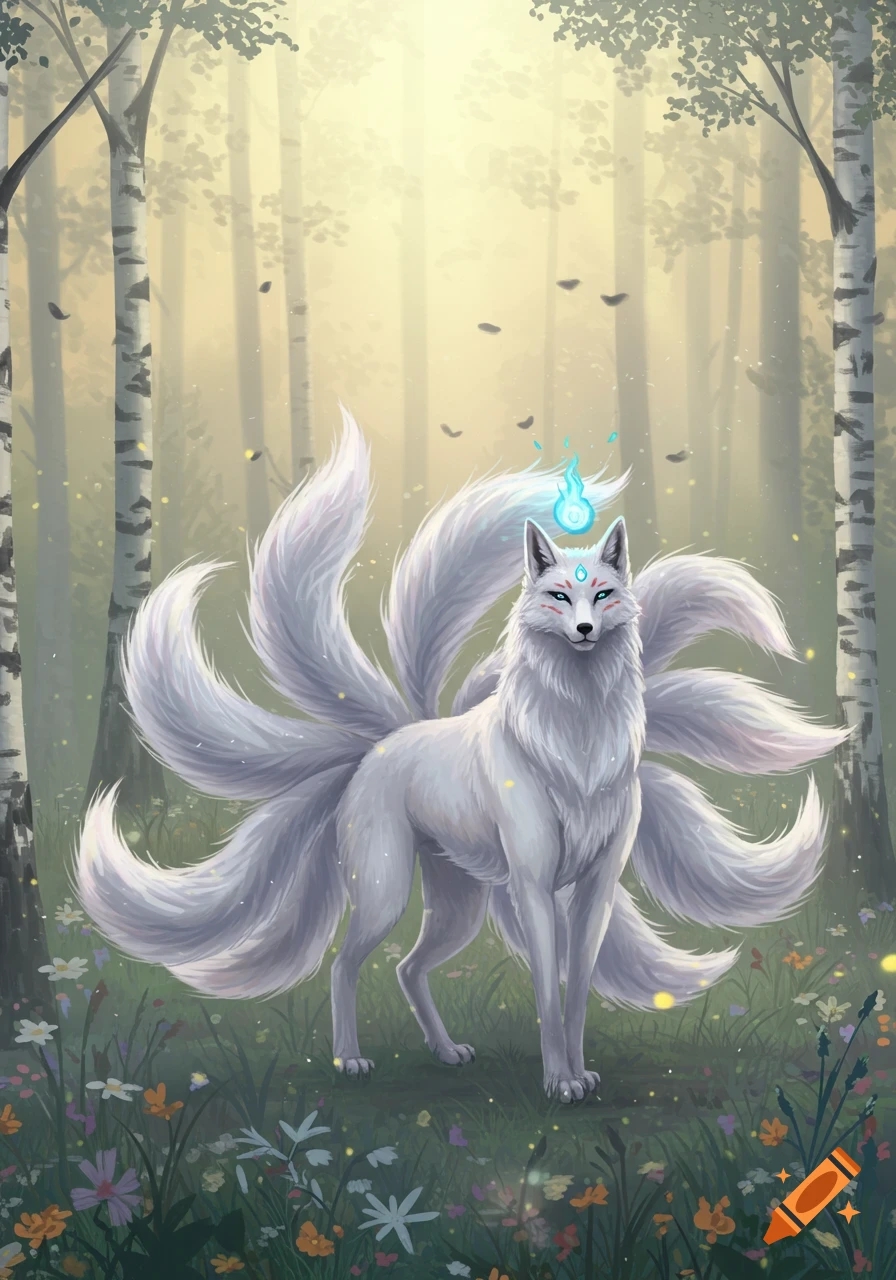 A white nine-tailed kitsune with blue facial markings and a glowing flame above its head stands in a sunlit forest clearing, detailed digital art.