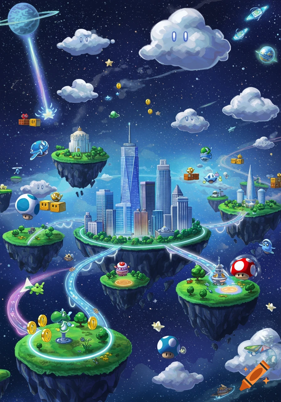 A Super Mario Galaxy-style cityscape of Newark, NJ on floating islands in a starry sky, with game elements.