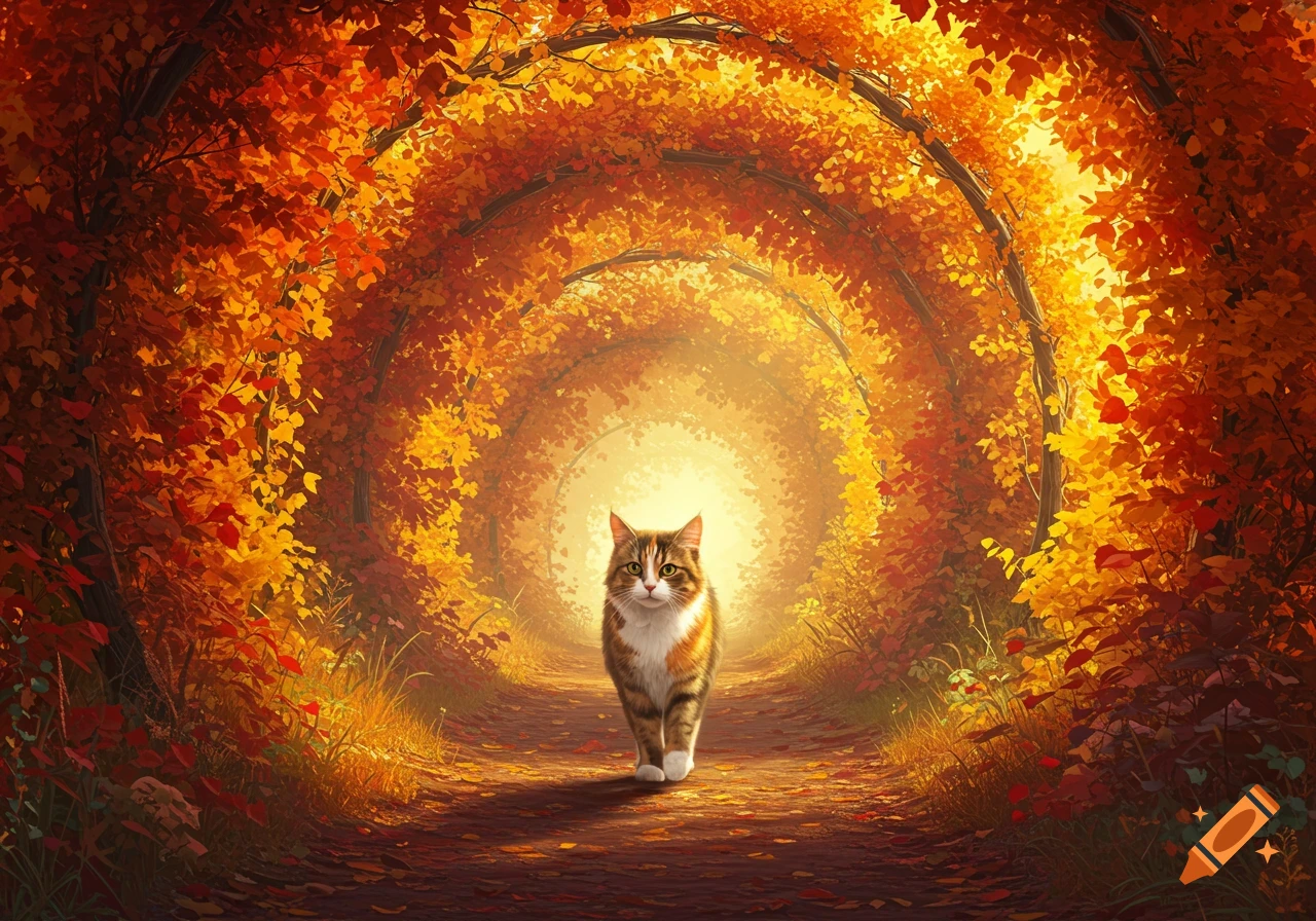 A calico cat walks down a sunlit path through an arched tunnel formed by vibrant orange and yellow autumn leaves.