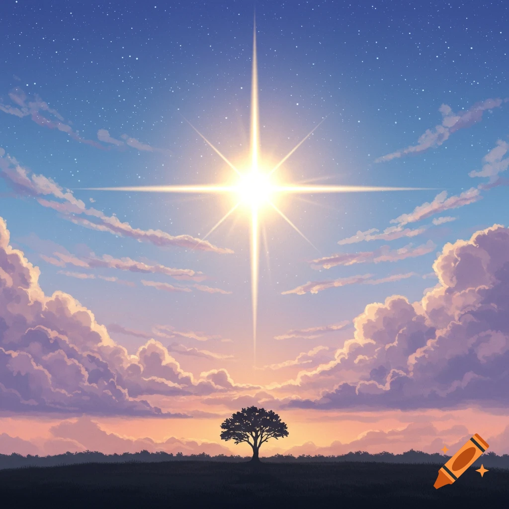 A bright morning star shines in a vast, cloudy sky over a silhouetted landscape with a lone tree, in an artistic style.