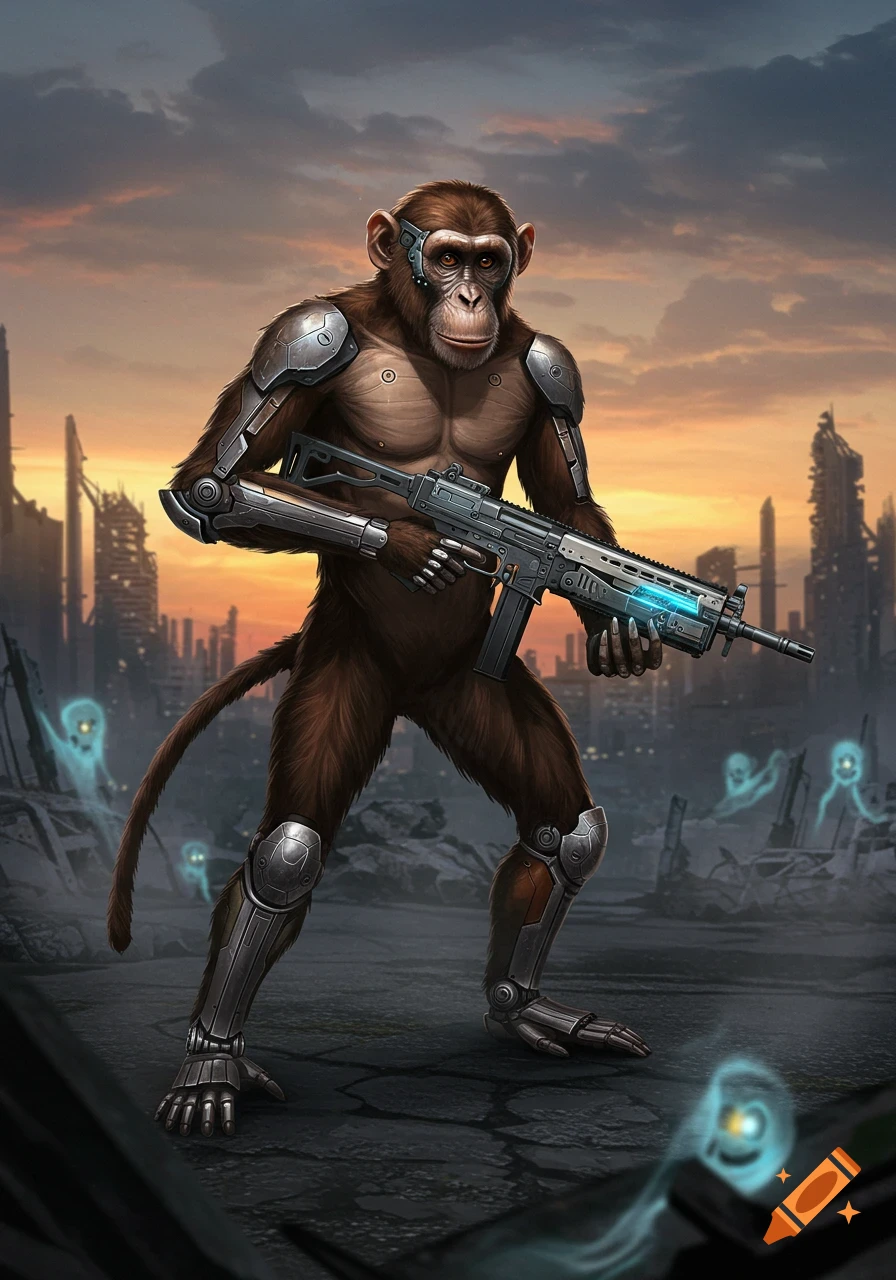 A humanoid monkey in futuristic armor holds a submachine gun in a ruined city with a sunset sky and ghostly figures.