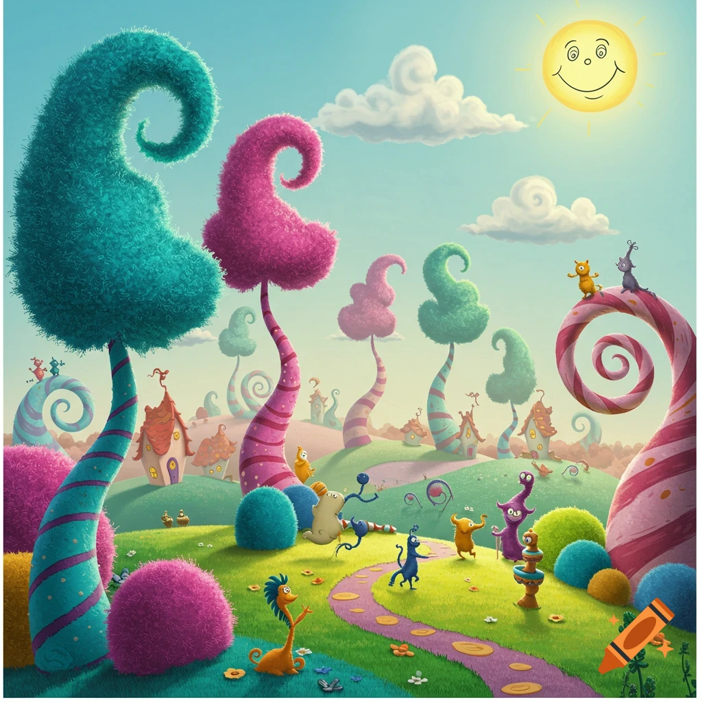 A vibrant, whimsical Dr. Seuss-style landscape with colorful, fuzzy spiral trees, rolling hills, and various cartoon creatures under a smiling sun.