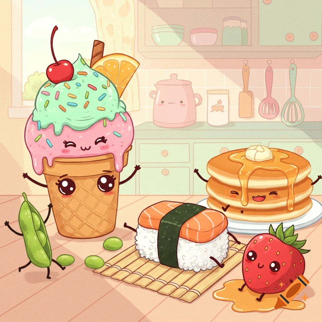 Kawaii cartoon of happy anthropomorphic ice cream, pancakes, sushi, a pea pod, and strawberry in a pastel kitchen.