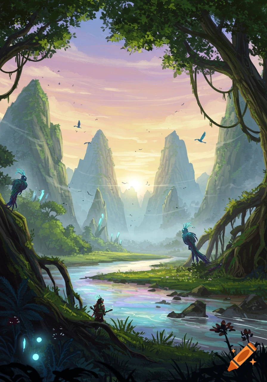 Vibrant fantasy landscape at sunset with lush trees framing mountains, a winding iridescent river, exotic birds, and a lone figure.