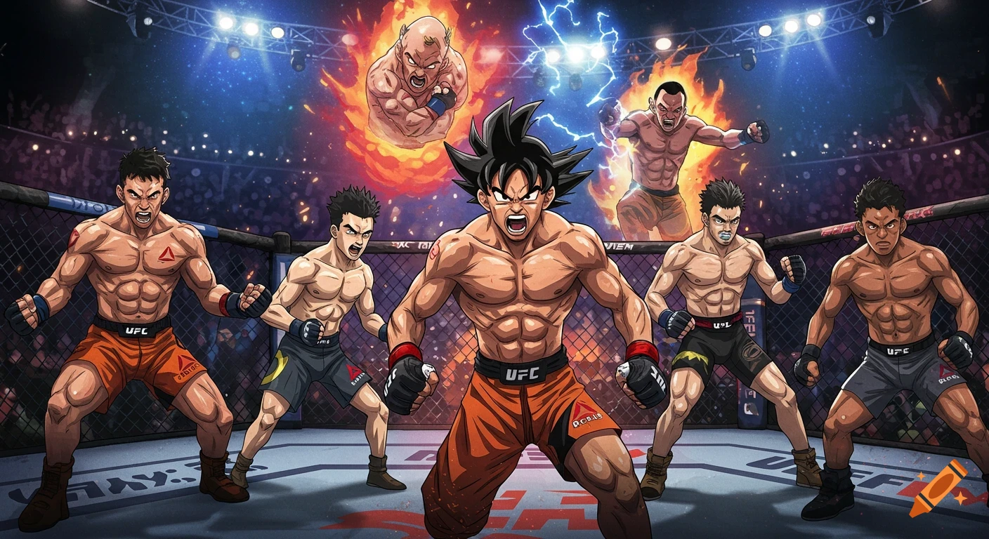 Dragon Ball Z style Goku and other muscular fighters in a UFC octagon, ready to battle under stadium lights.