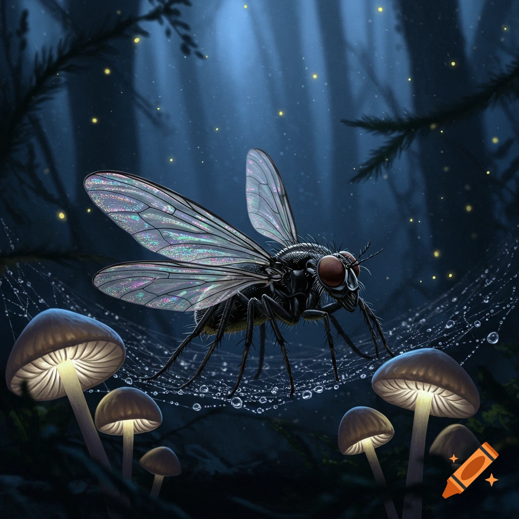 A close-up of a large black fly with iridescent wings on a dew-covered spiderweb, glowing mushrooms light a dark, mystical forest.