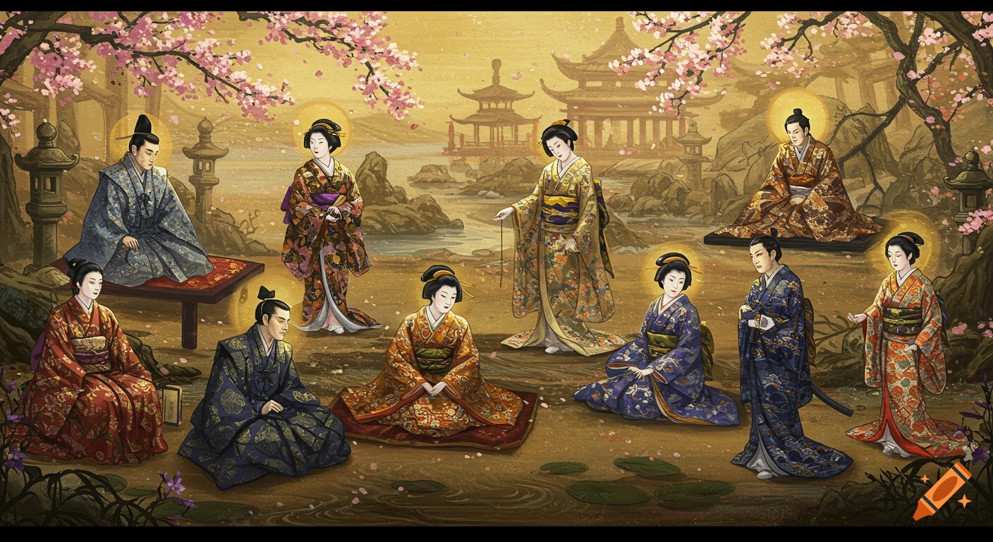Ten elegantly dressed Japanese figures in a serene traditional scroll painting with cherry blossoms, temples, and a golden sky.