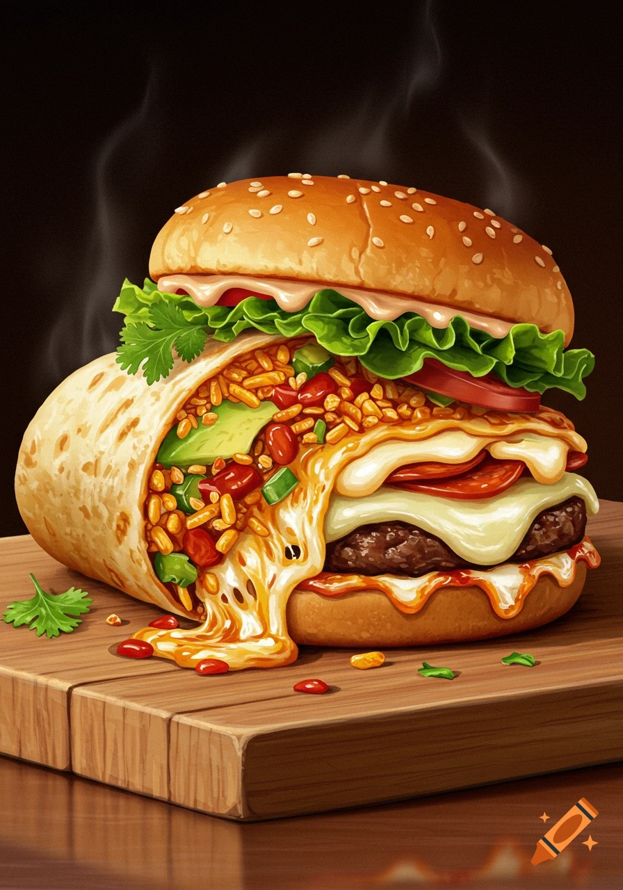 A vibrant, stylized illustration of a steaming burger with a burrito wrapped around it, dripping with melted cheese and sauce, on a wooden board.