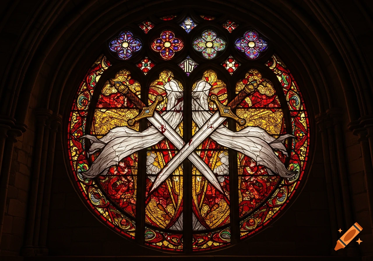 A circular stained glass window with two crossed swords and white wings, surrounded by intricate red and gold patterns, set in a dark arched church.
