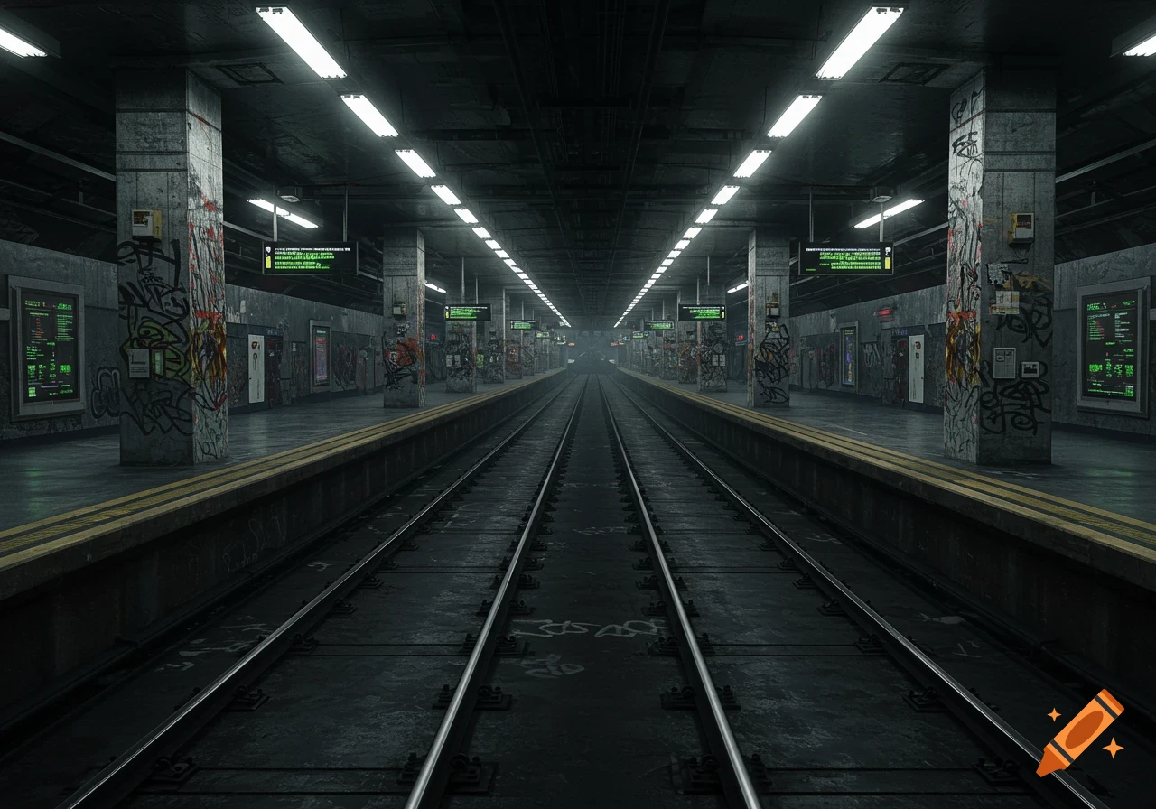 A dark, empty subway station with graffiti-covered pillars and illuminated green signs, viewed from the tracks.