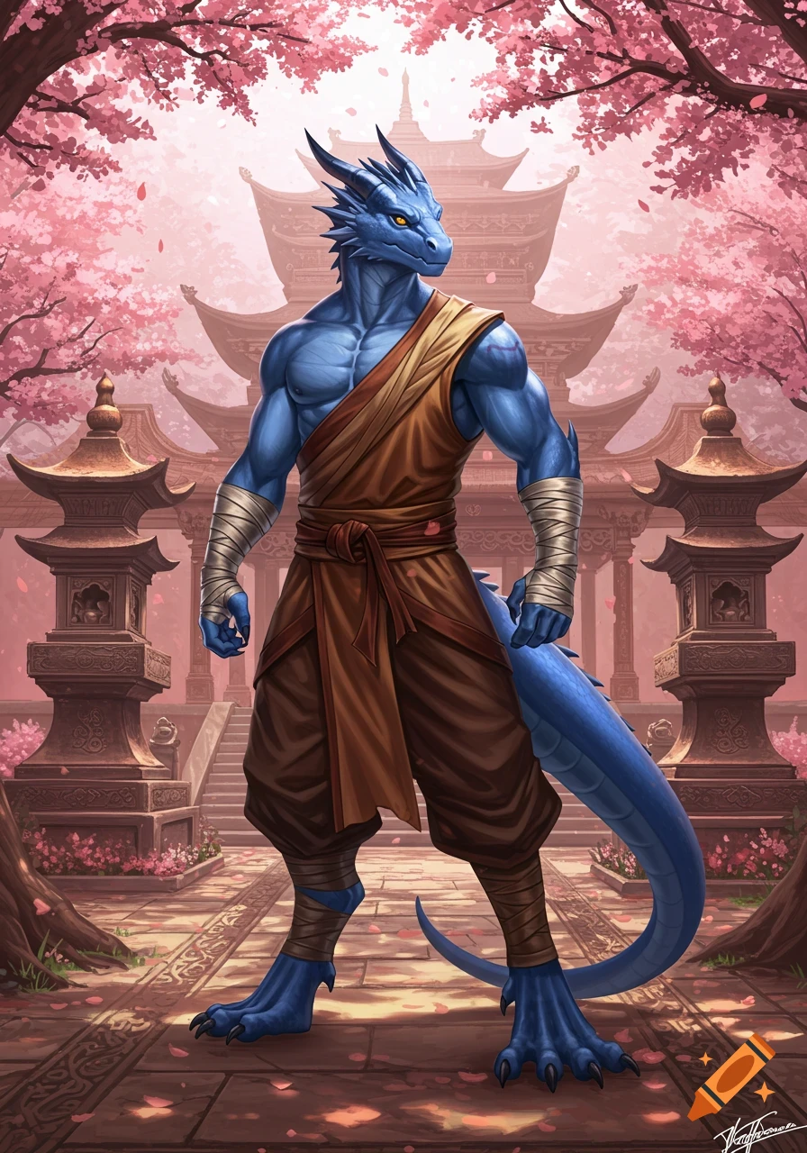 A muscular blue dragon-like monk in martial arts robes stands in front of an ornate temple with pink cherry blossoms.
