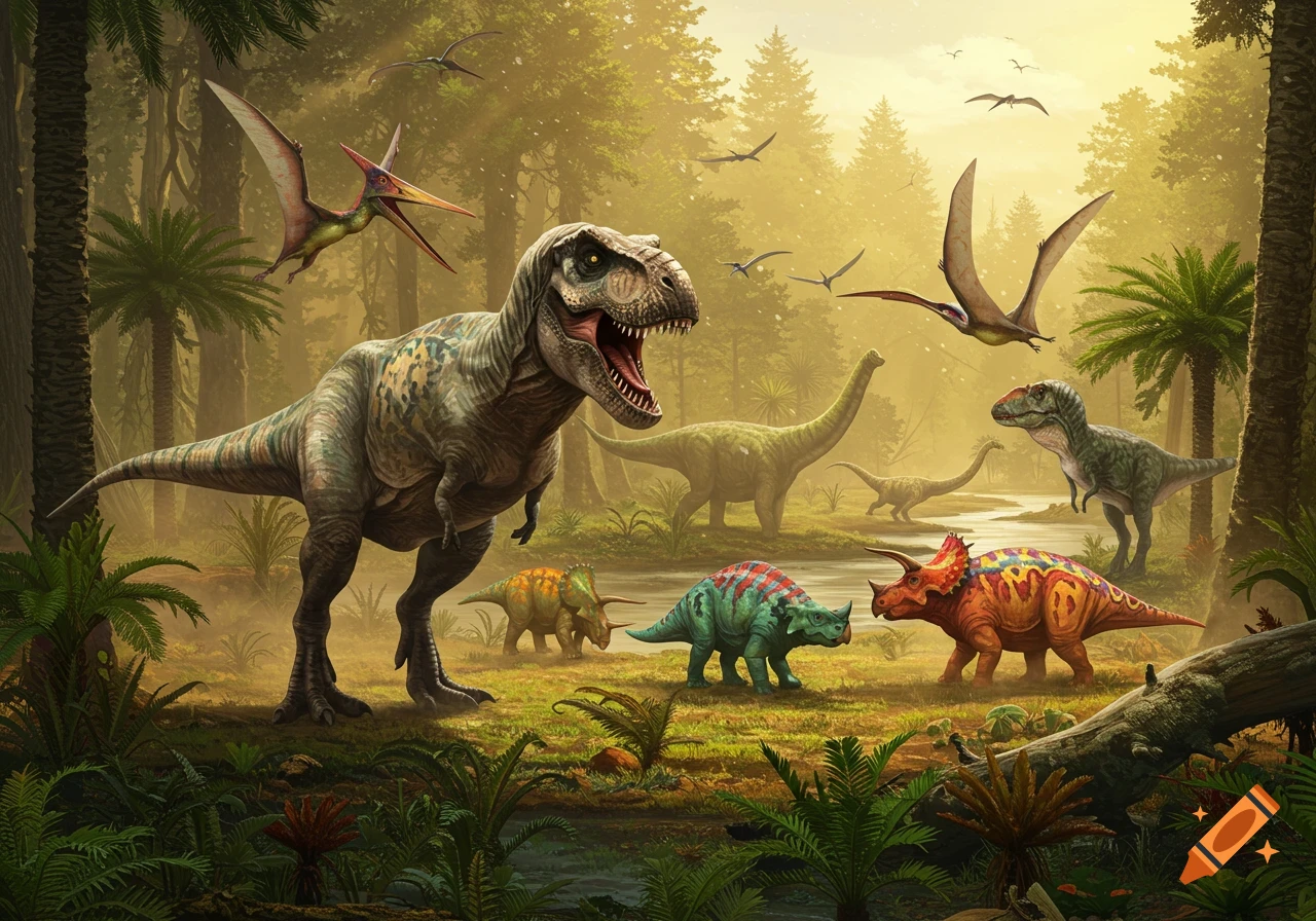 Various dinosaurs, including a T-Rex, Triceratops, and flying Pterodactyls, in a lush, sunlit prehistoric jungle with a river.