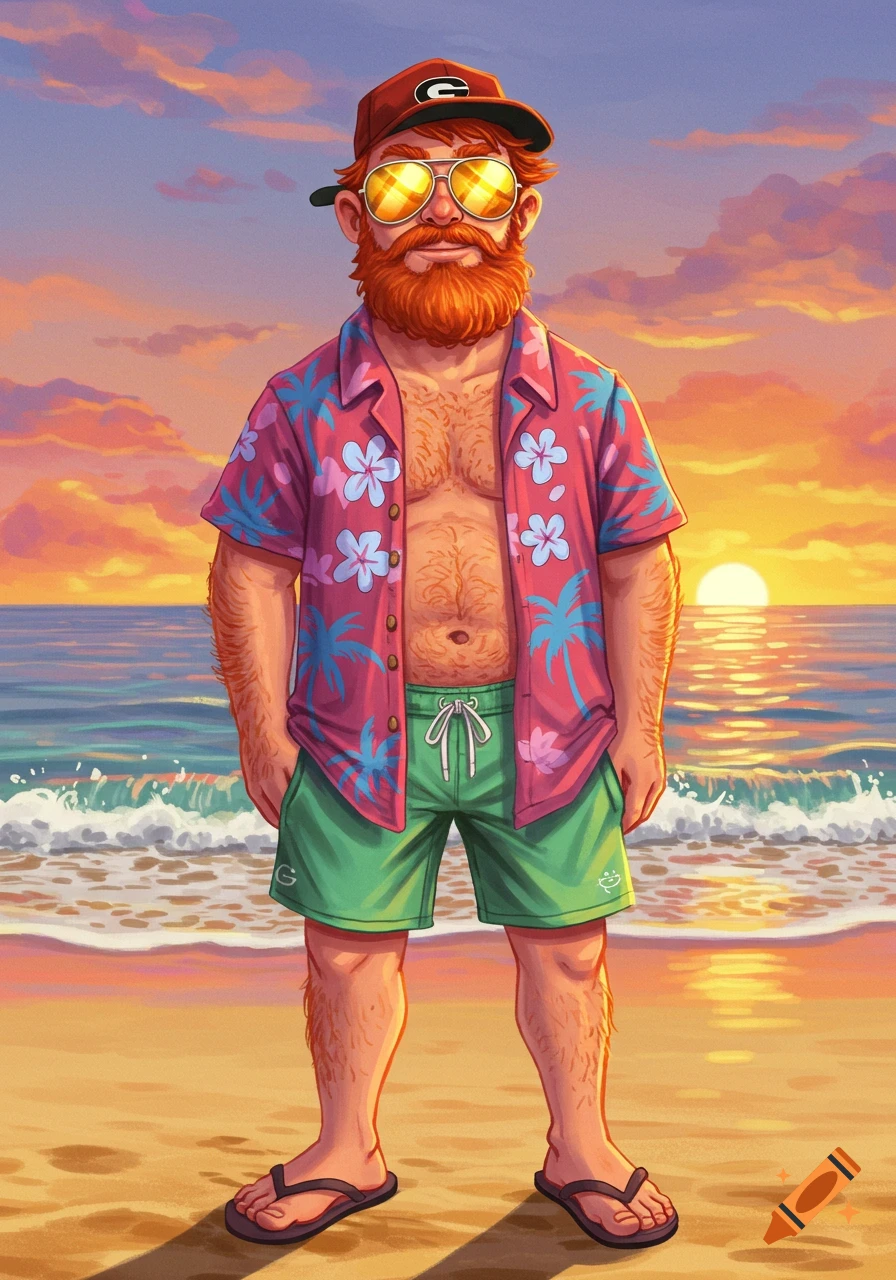 An illustrated man with red hair, beard, sunglasses, and a red G cap stands on a beach at sunset, wearing an open Hawaiian shirt, green shorts, and flip-flops.