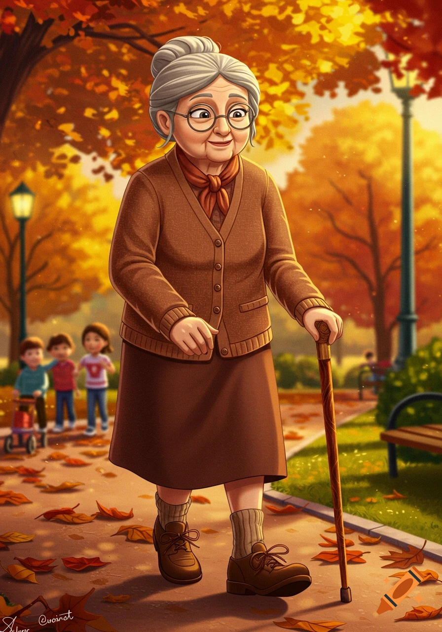 A cartoon elderly woman with gray hair and glasses walks with a cane on an autumn park path, with children playing in the background.
