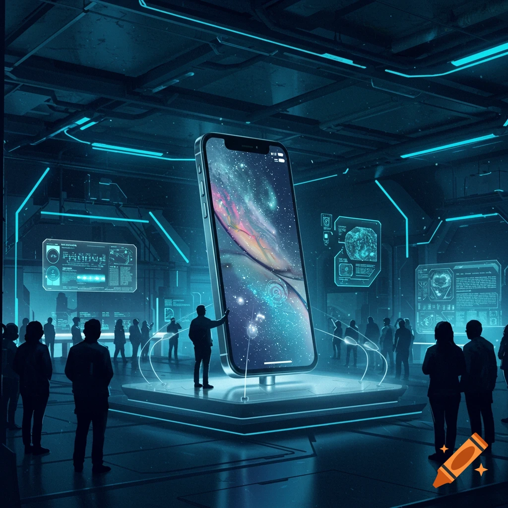 A large, holographic smartphone displaying a galaxy, presented in a futuristic tech room to an audience.