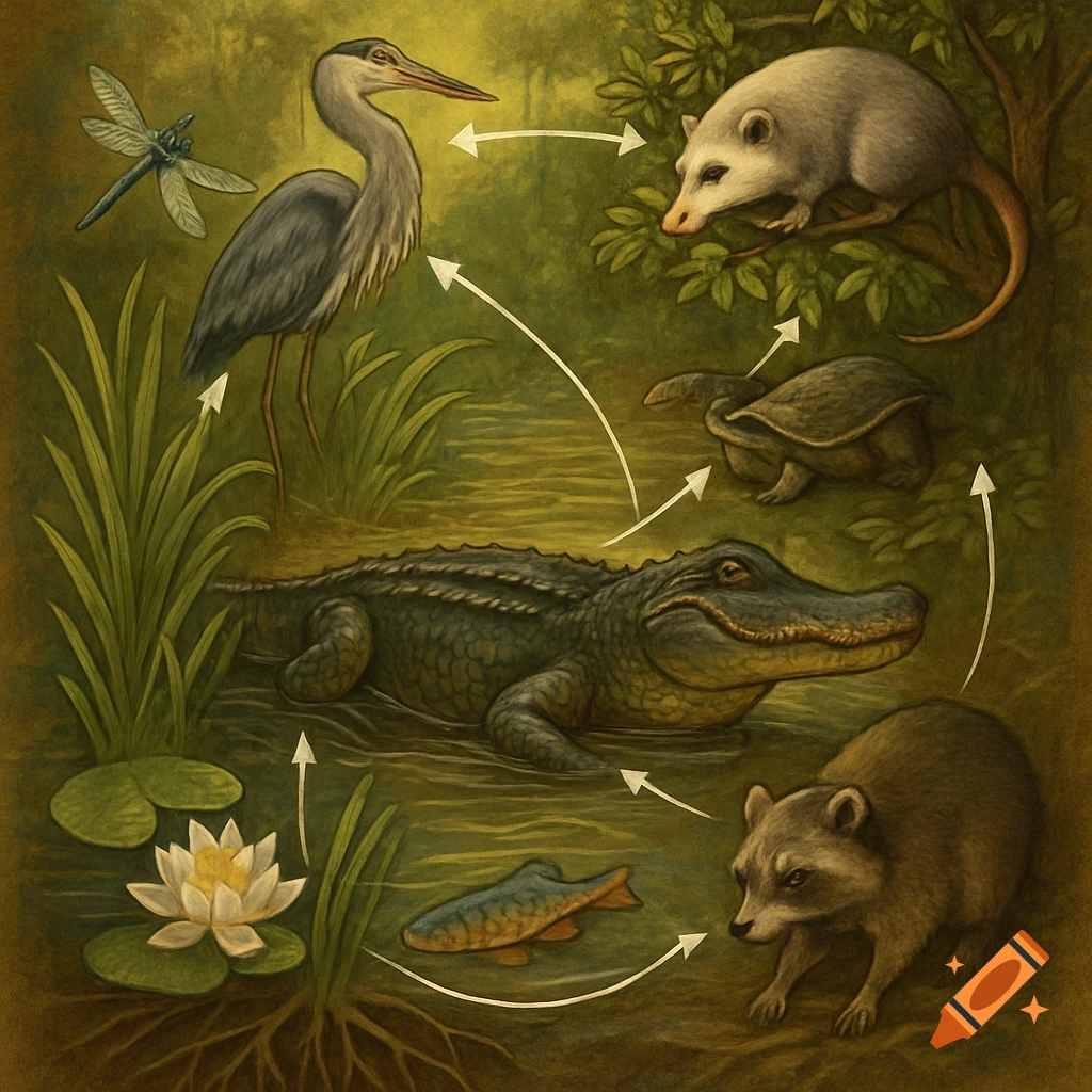 Illustrated food web in a swamp, showing an alligator, heron, opossum, turtle, raccoon, fish, dragonfly, and water lily.