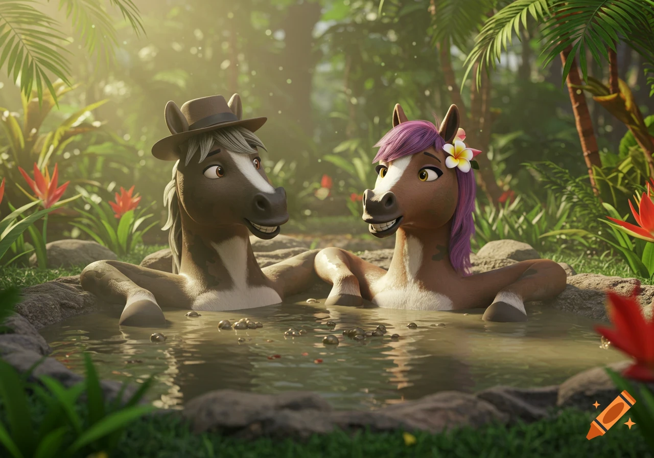 Two anthropomorphic horses, one male with a hat and one female with a flower, relax in a mud bath in a lush 3D animated jungle.