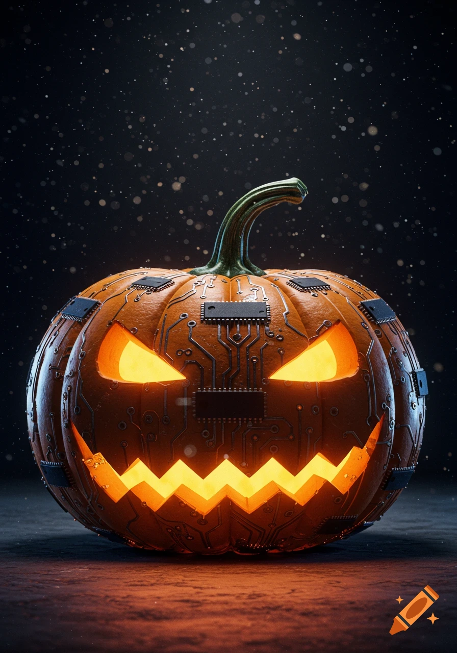 A jack-o'-lantern made of a pumpkin with circuit board patterns and glowing eyes, against a dark, starry background.