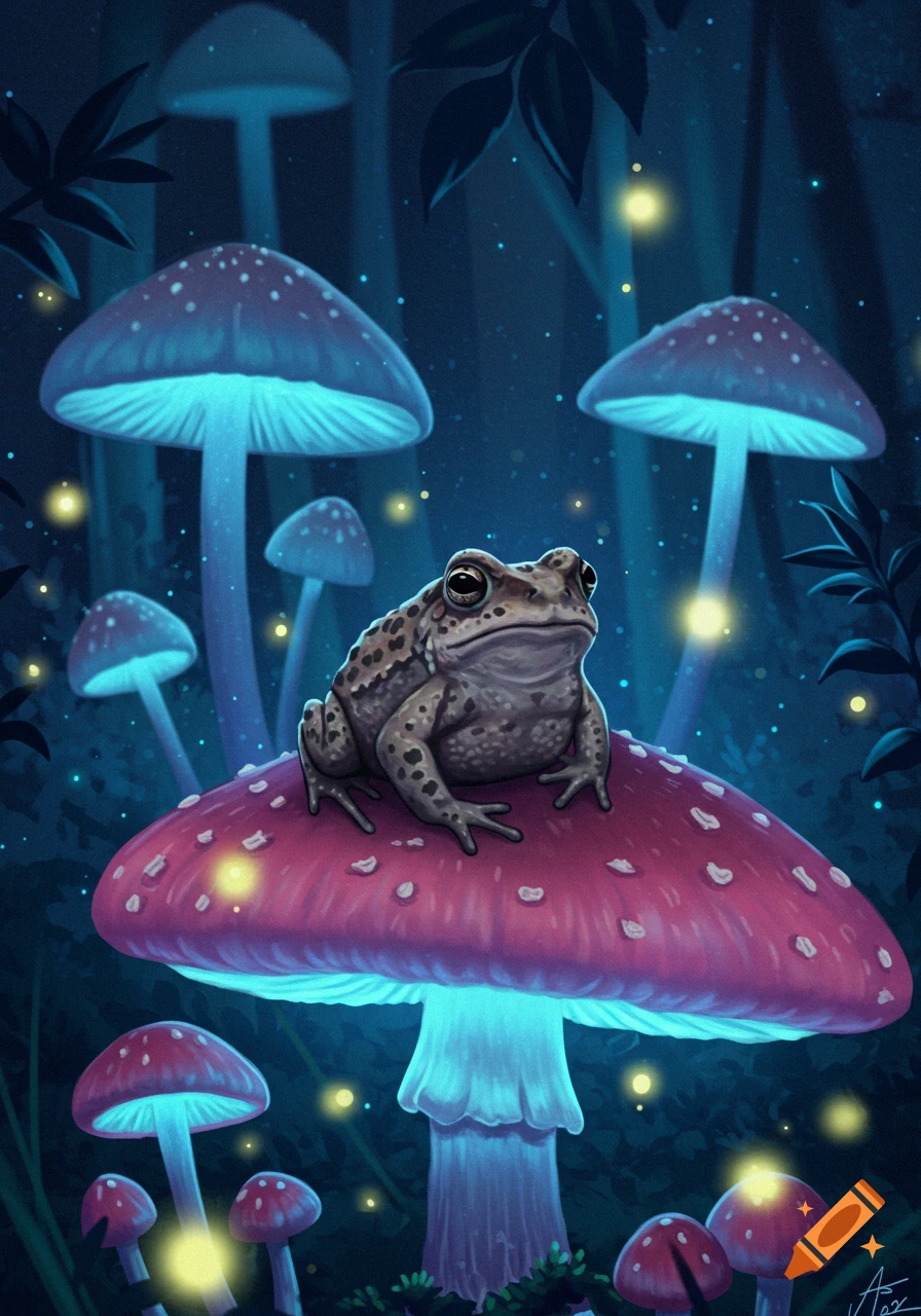 A toad sits on a glowing red mushroom in a dreamy, dark fantasy forest with bioluminescent blue mushrooms and fireflies.