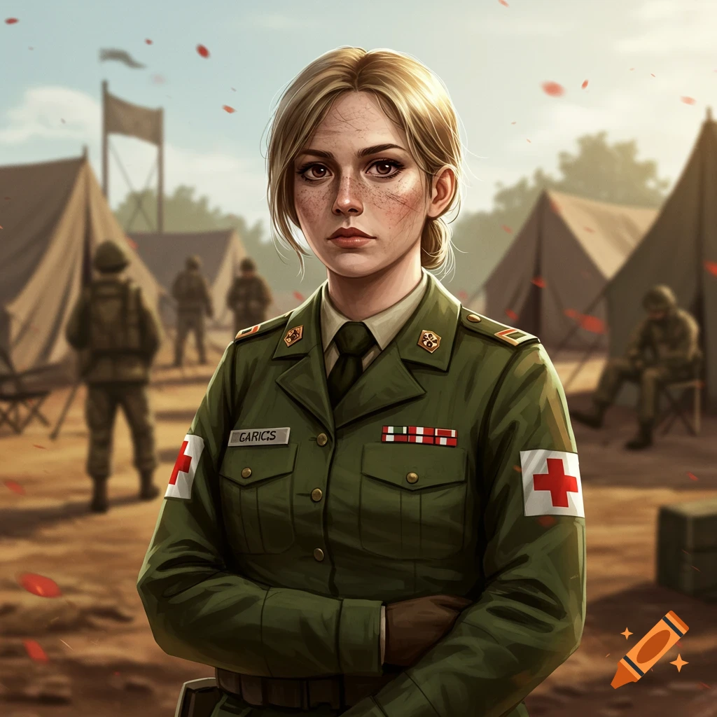 Stylized portrait of a blonde woman medic in a green army uniform with a red cross emblem, standing in a military camp.