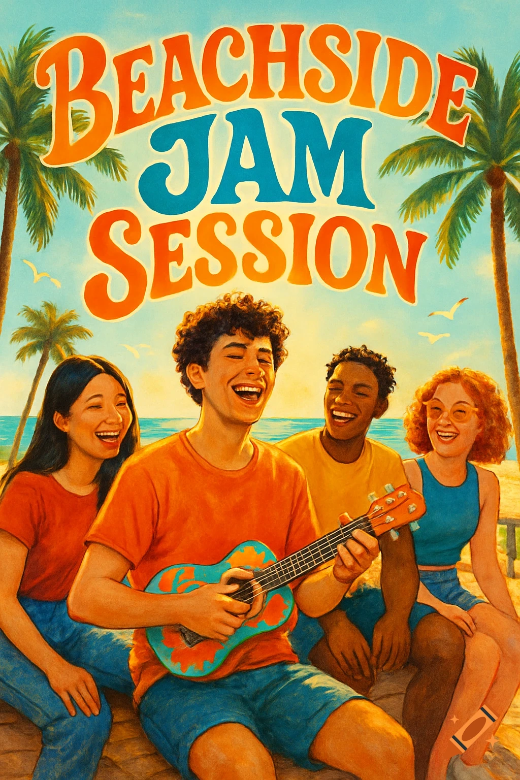 Four happy young people play ukulele on a beach under a 'BEACHSIDE JAM SESSION' banner, with palm trees and seagulls.
