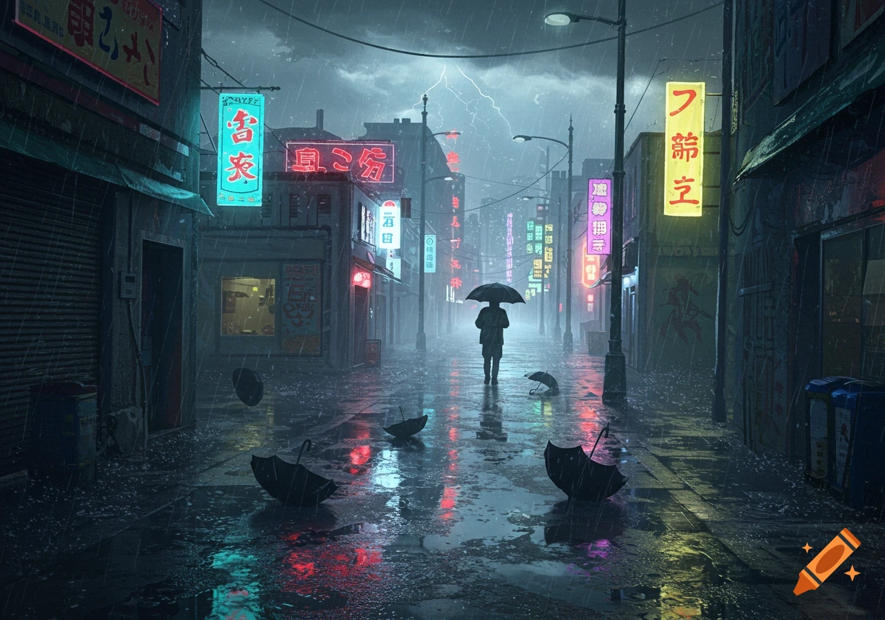 A lone figure with an umbrella walks down a dark, rainy city street illuminated by colorful neon signs and lightning in the sky.