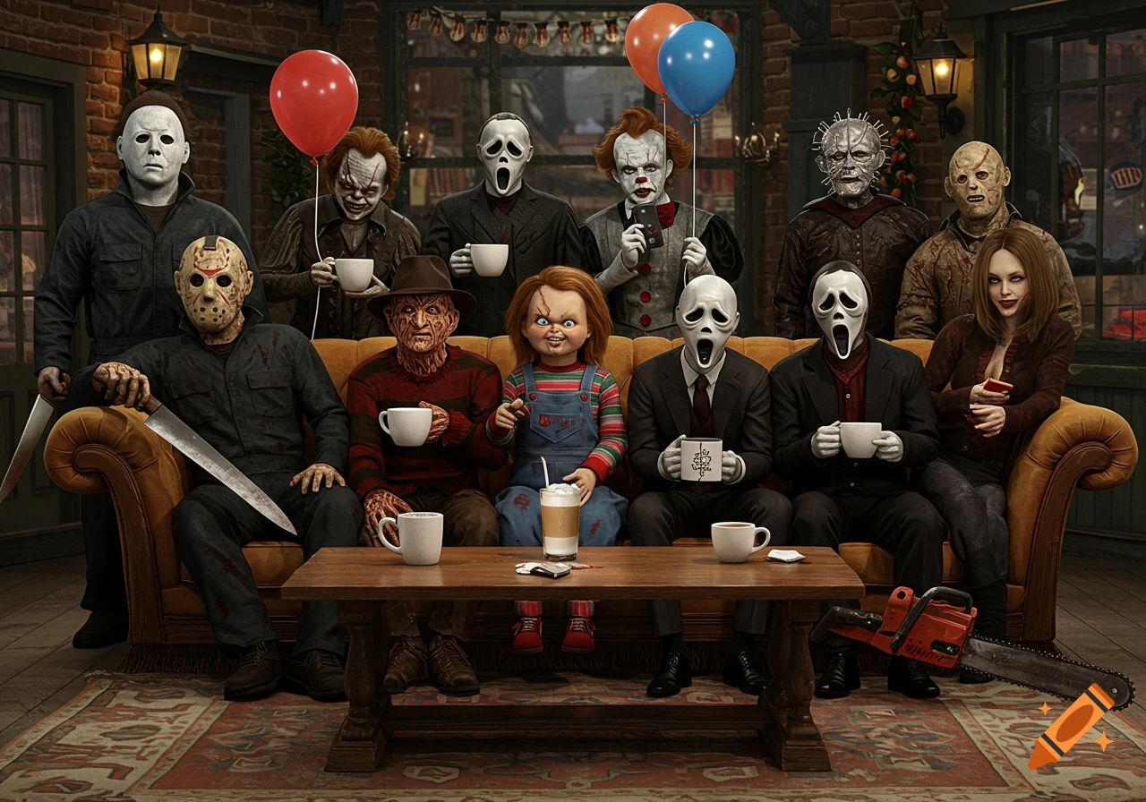 A photorealistic parody image of various horror villains like Michael Myers, Jason, Freddy Krueger, Chucky, and Ghostface sitting on a couch in a coffee shop setting, holding coffee cups and balloons, posed like a friendly group photo.