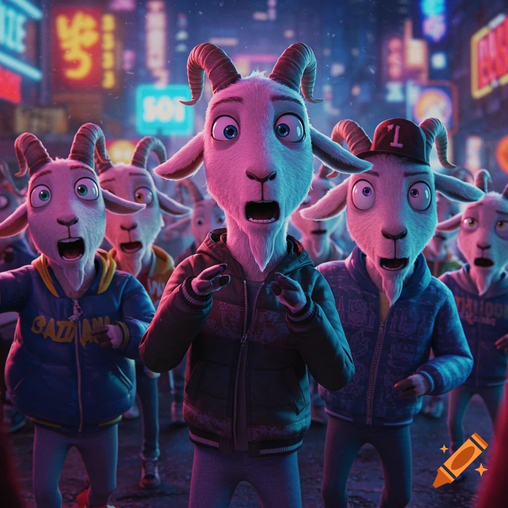 A group of surprised anthropomorphic goats on a neon-lit city street at night, in a CGI animation style.