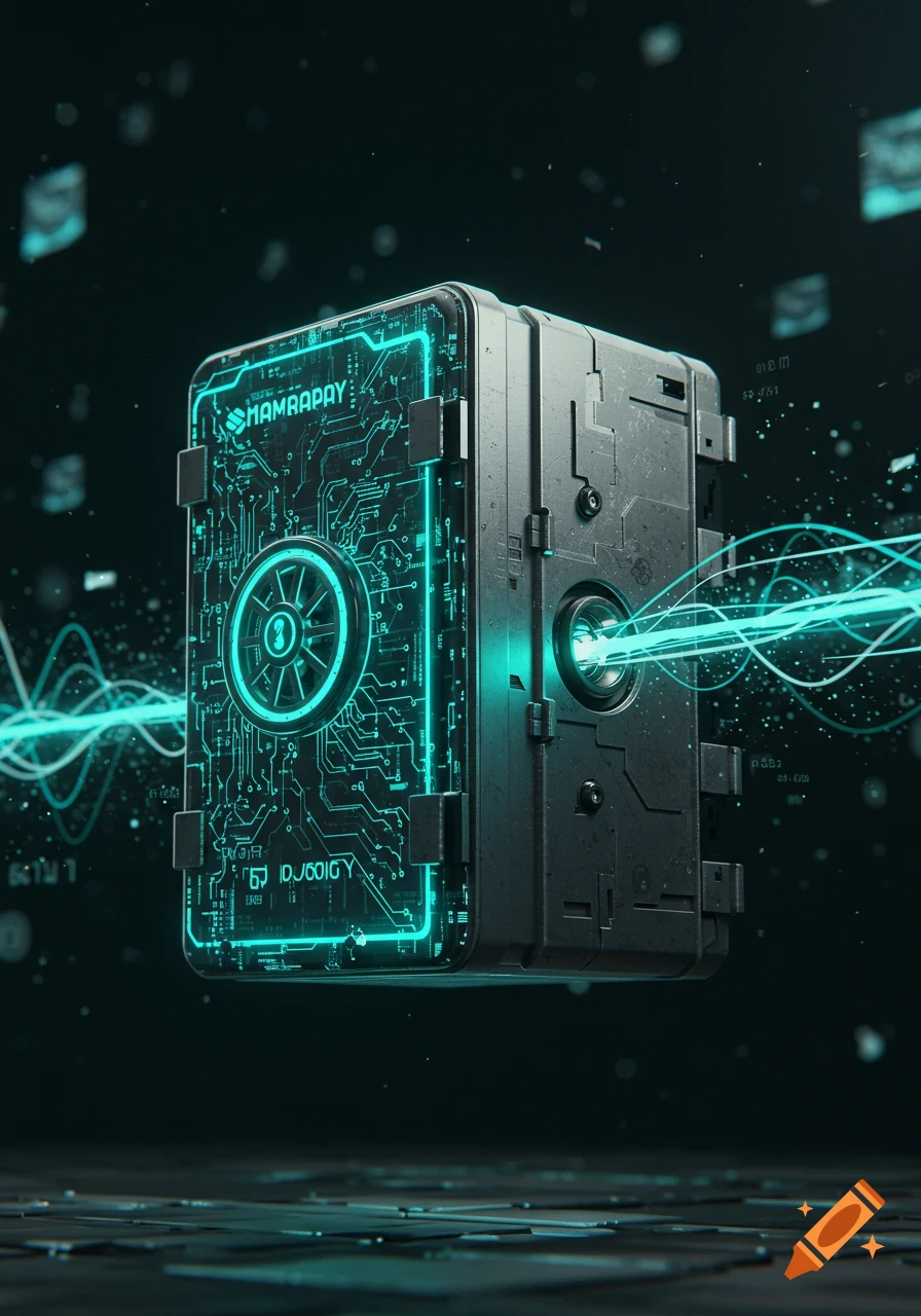 A futuristic dark metallic device with glowing teal circuits and a central dial, emitting light waves.