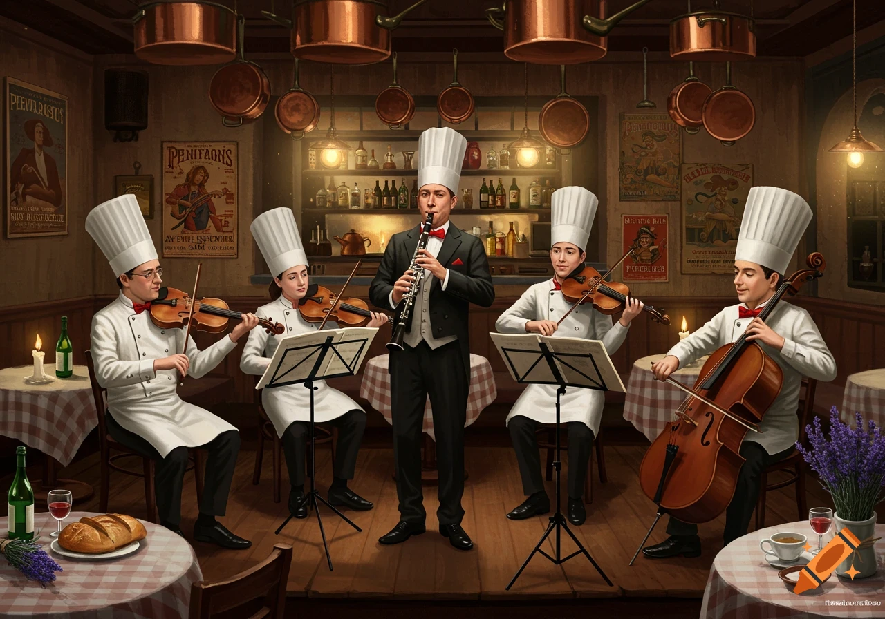 A detailed illustration of a clarinetist and a string quartet of chefs playing music in a cozy, copper-pot filled restaurant.
