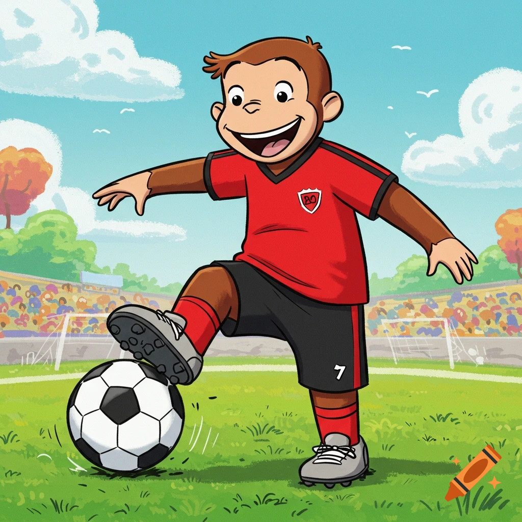 Cartoon Curious George in a red soccer uniform with his foot on a soccer ball on a green field with a stadium in the background.