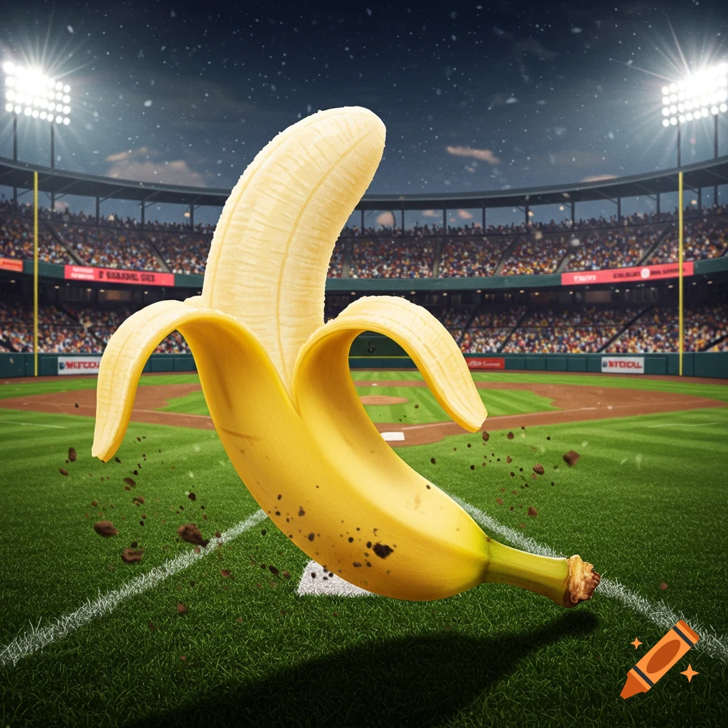 A partially peeled banana floats above a baseball field at night, dirt flying around it. Photorealistic.