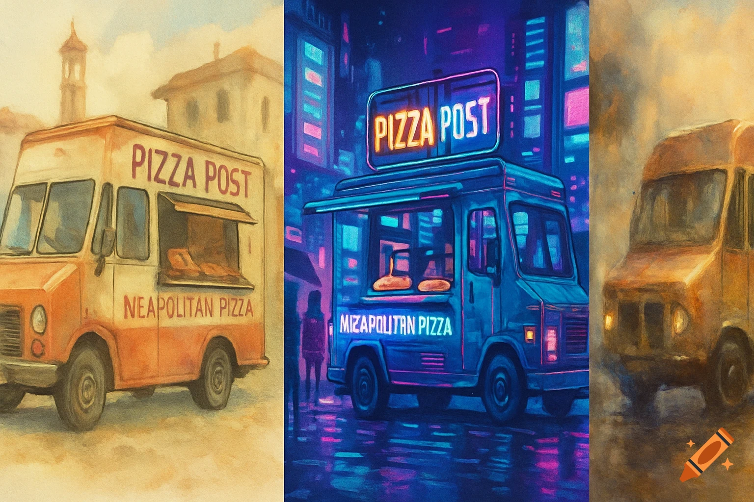 Three pizza food trucks depicted in different artistic styles, including watercolor, neon, and a painterly look.