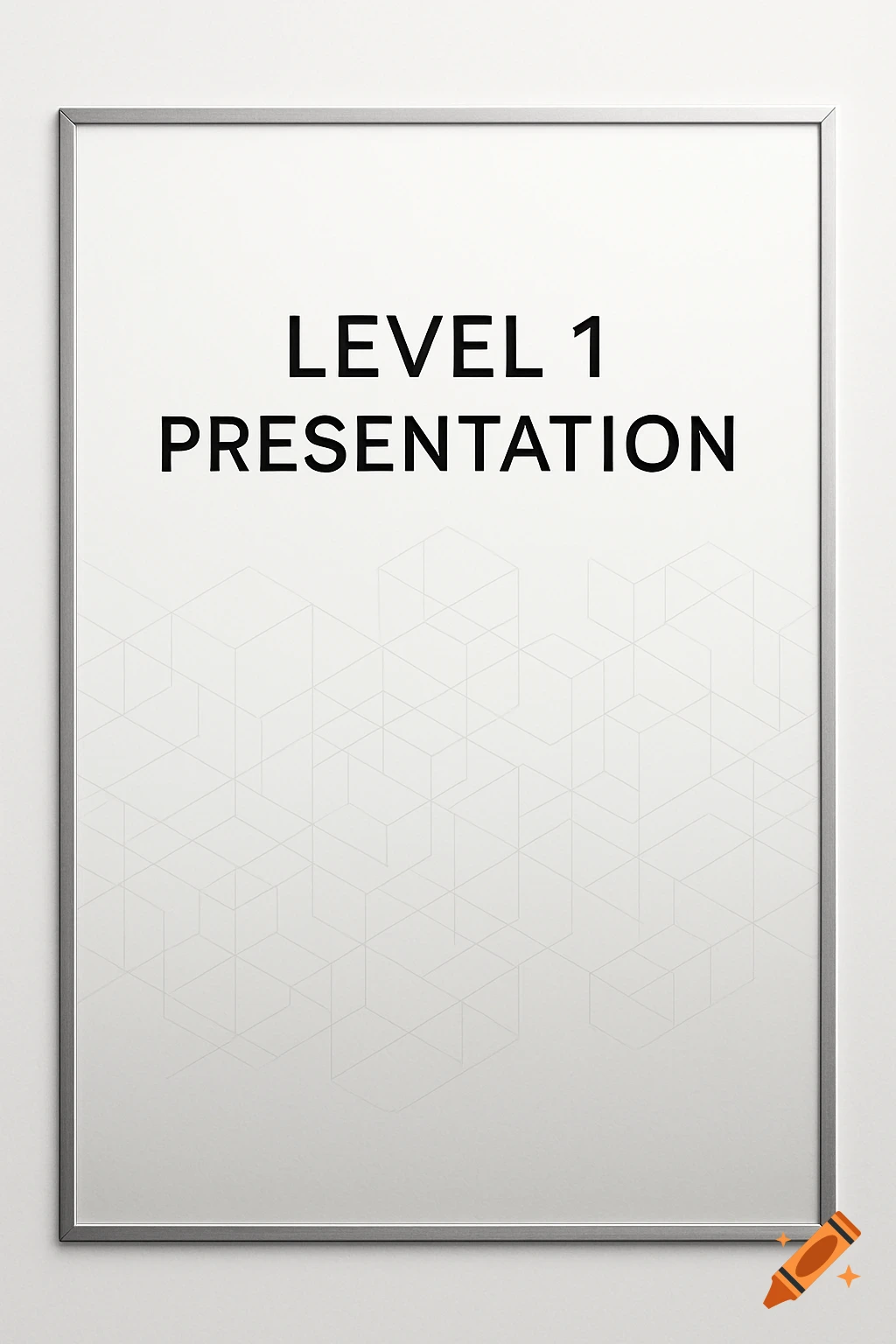 Minimalist silver-framed cover sheet with 'LEVEL 1 PRESENTATION' in bold black text on a white background with a subtle geometric pattern.