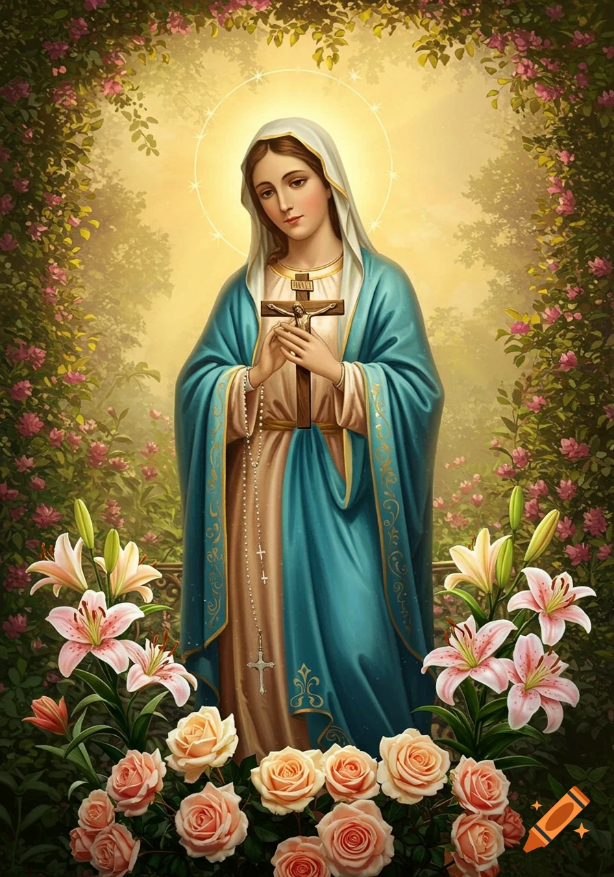 A serene depiction of the Virgin Mary holding a crucifix, surrounded by pink lilies and roses in a lush garden, under a radiant halo.