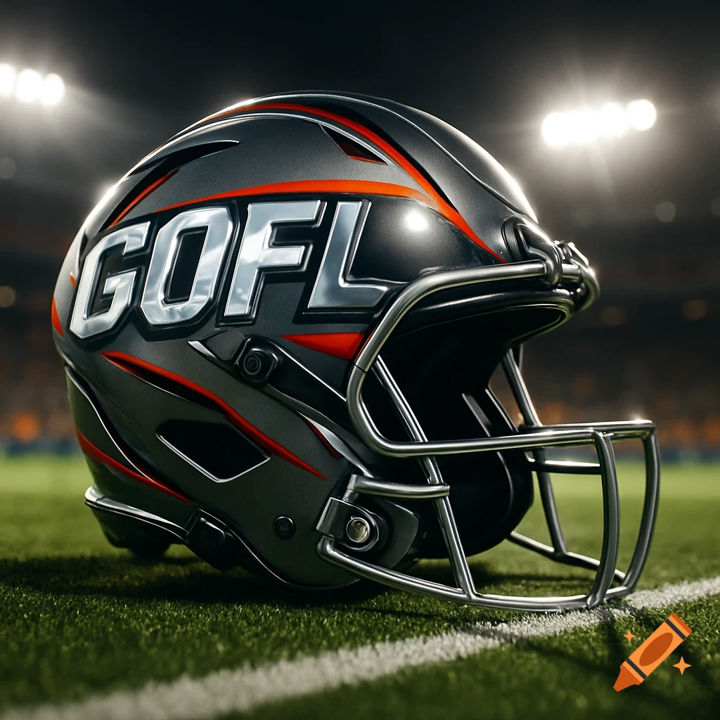 A photorealistic dark gray football helmet with 'GOFL' in silver and red accents, resting on a grassy stadium field under bright lights.