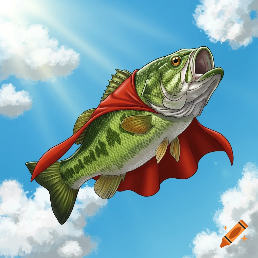An illustrated large mouth bass wearing a red cape, flying across a blue sky with white clouds.