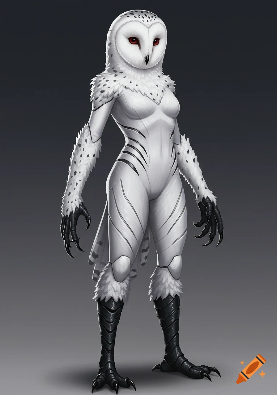 A digital illustration of a white owl-like humanoid character with red eyes, black talons, and feathered arms, against a dark gray background.