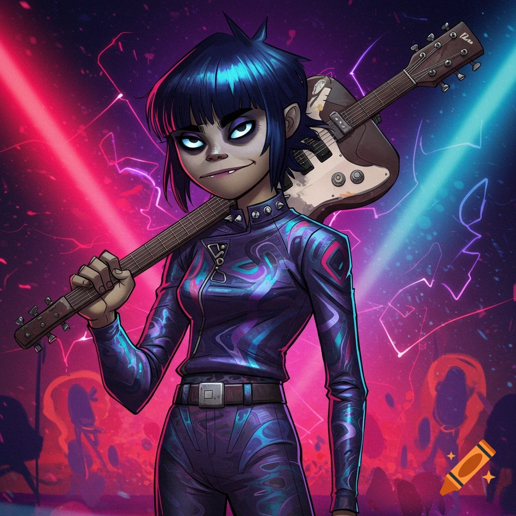 An anime-style portrait of Noodle from Gorillaz with blue hair, wearing a purple patterned jumpsuit and holding an electric guitar over her shoulder. Neon pink and blue lights illuminate the background.