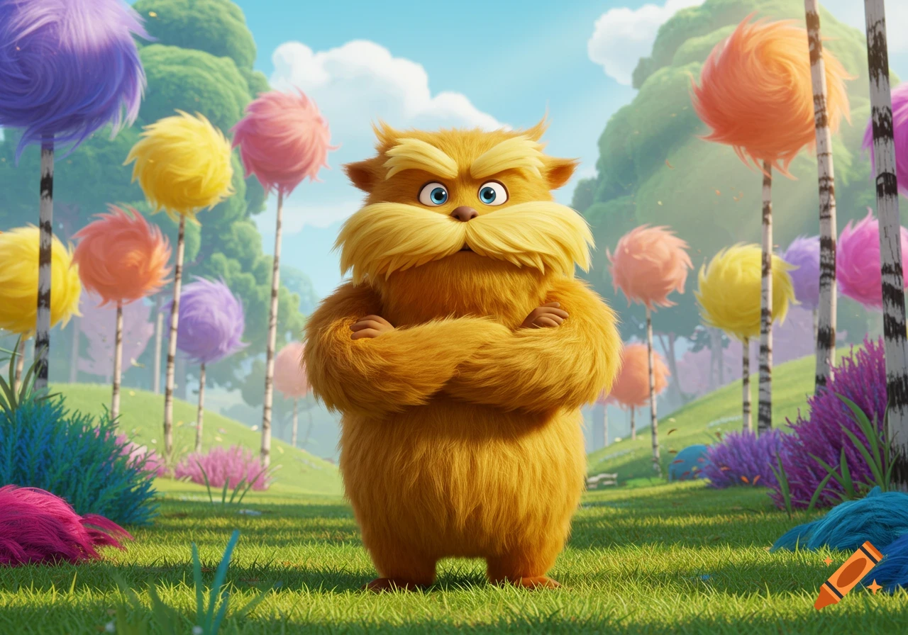 An orange, furry, Lorax-like character with a large mustache and arms crossed, standing in a whimsical landscape with colorful, fluffy trees.