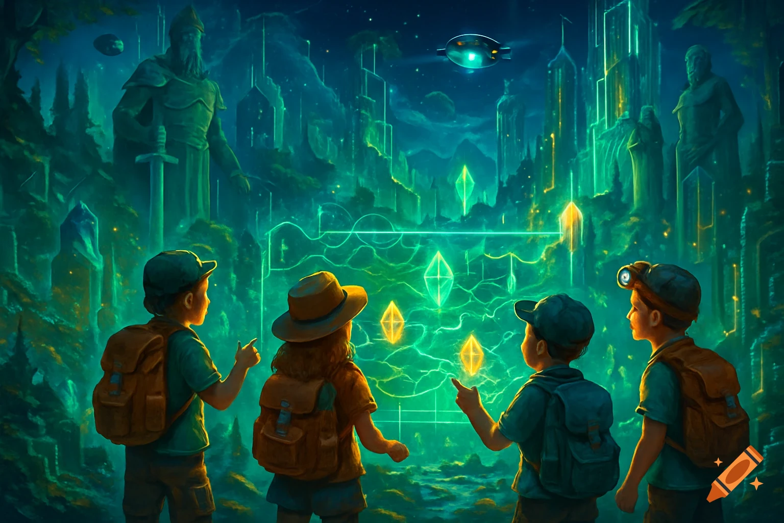 Four young explorers with backpacks gaze at a vibrant, glowing futuristic landscape with large statues, crystals, and a flying saucer.