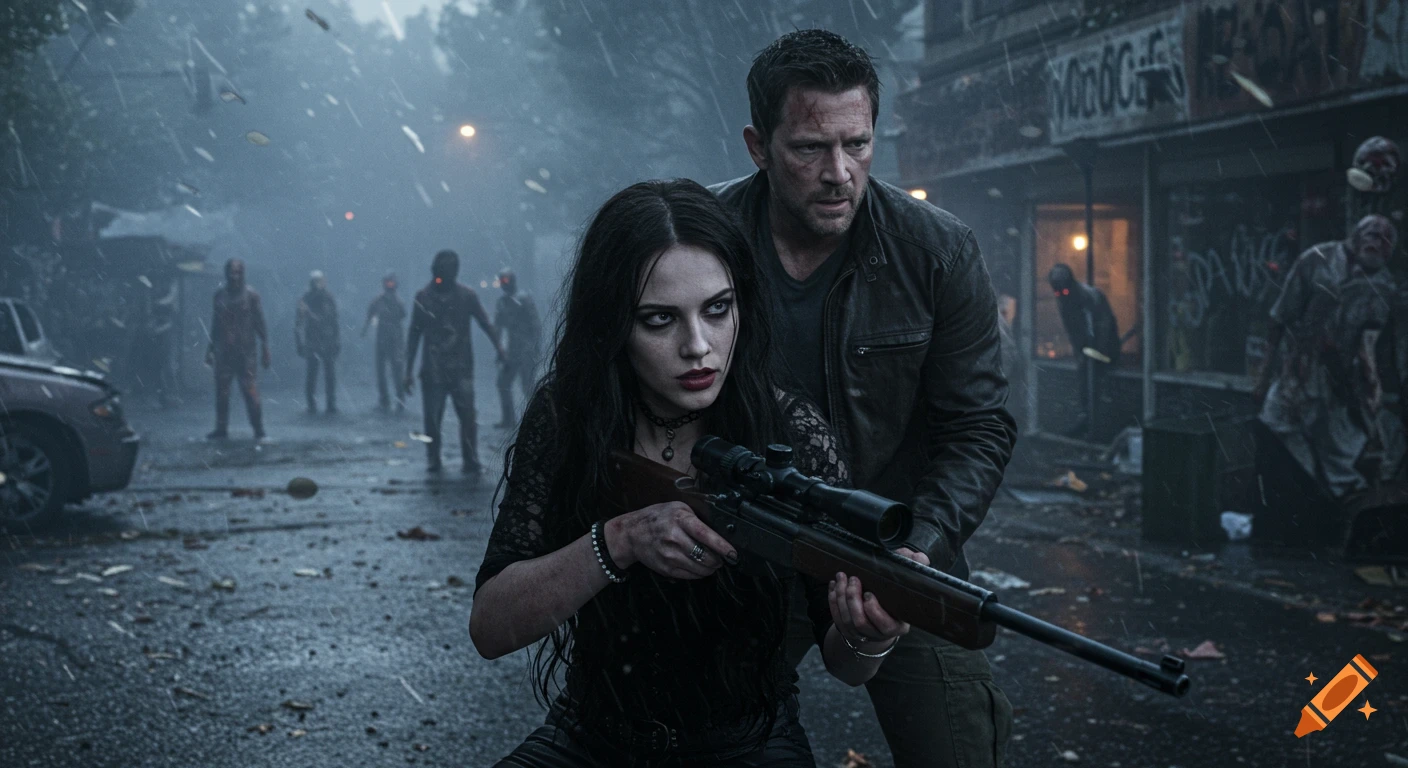 A woman with a scoped rifle and a man stand guard against zombies in a rainy, ruined city street, in a photorealistic survival scene.
