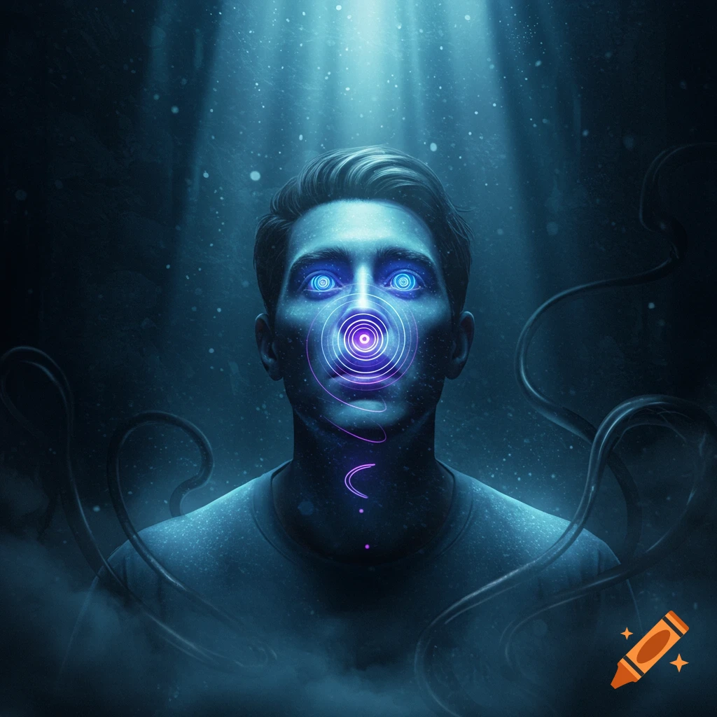 A man with glowing blue eyes and purple swirling lights on his face, illuminated from above in a dark, misty setting. Digital art.