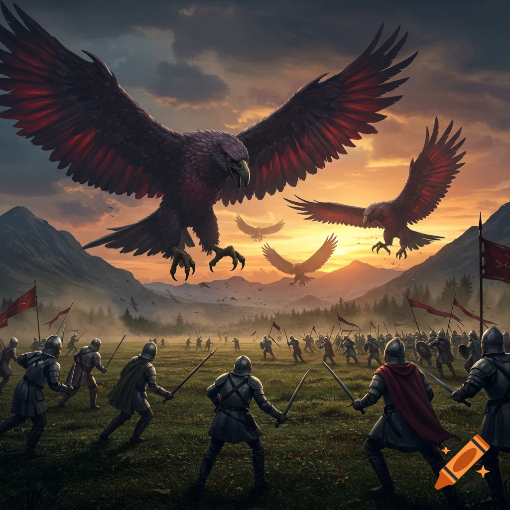 Giant birds with red-tinged wings attack an army of soldiers with swords and shields in a green valley at sunset.