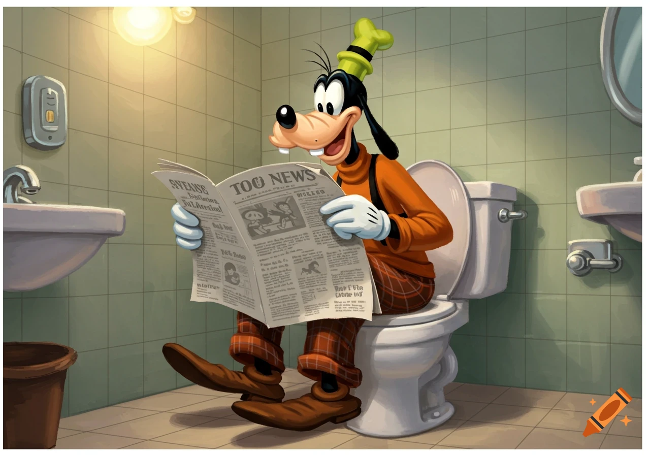 Cartoon Goofy sits on a toilet in a tiled bathroom, reading a newspaper with a happy expression.