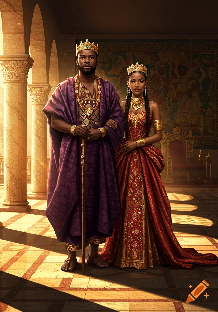 Photorealistic portrait of an African king and queen in elaborate regal attire standing in a grand palace hall.