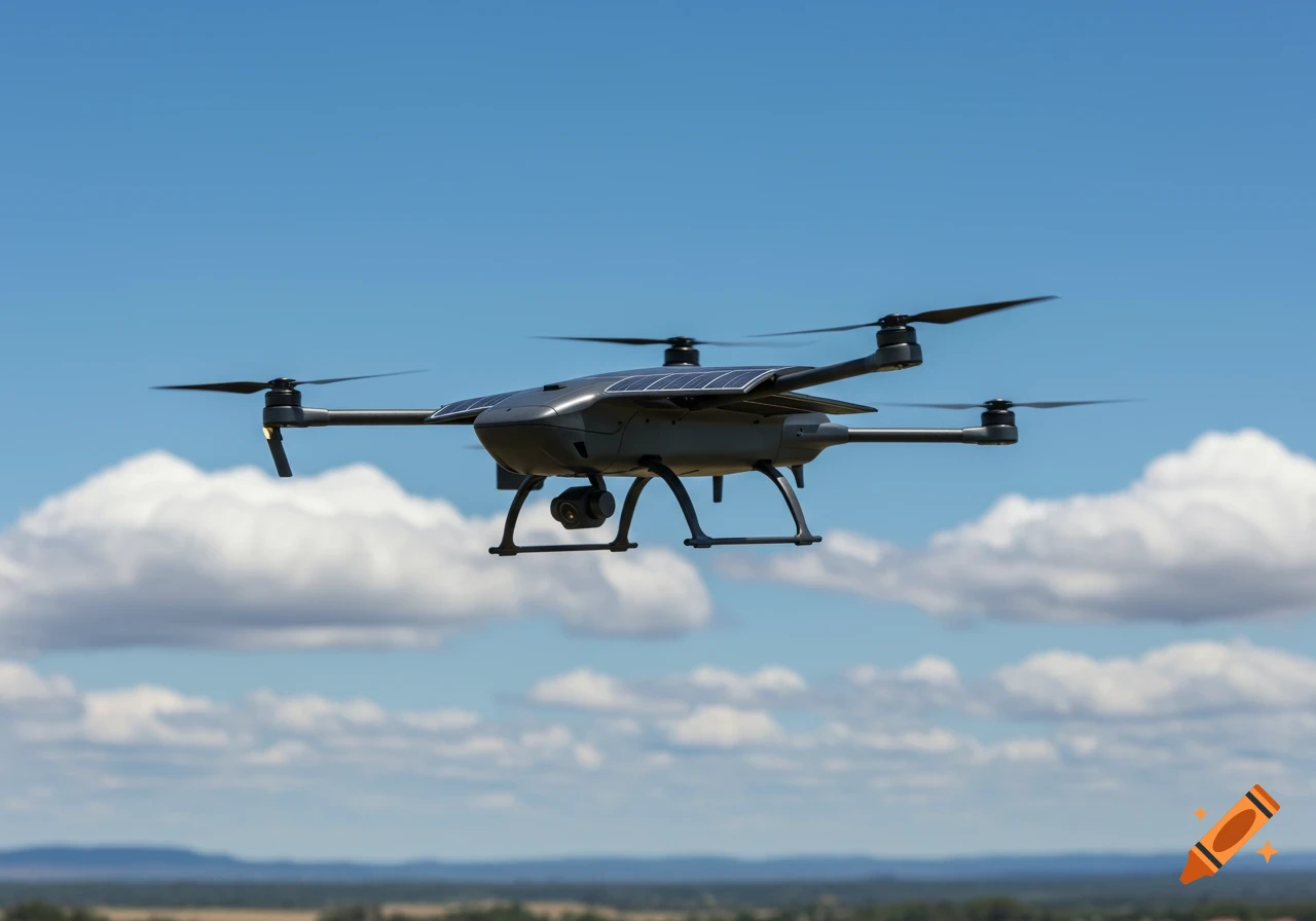 A dark gray solar-powered quadcopter drone flies against a bright blue sky with white clouds over a blurry landscape.